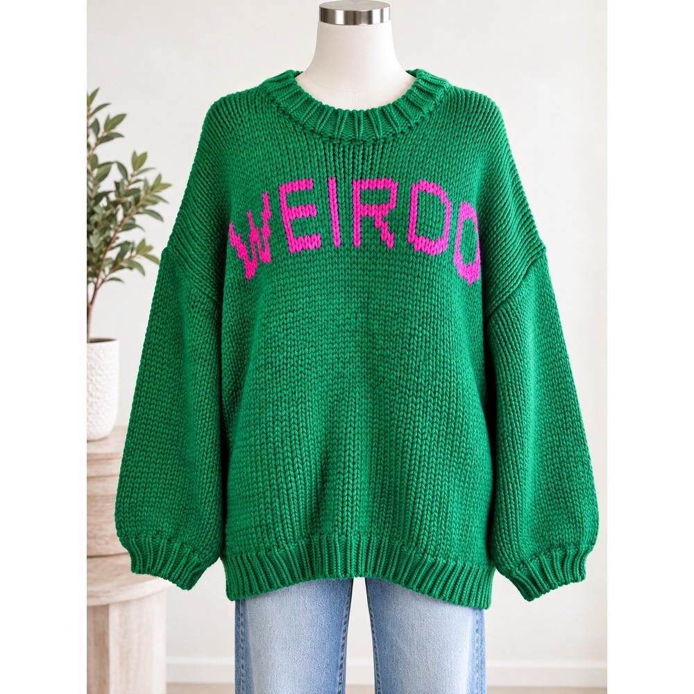 Lala Original I'm A Weirdo Slouchy Knit Sweater S/M Green Pink Oversized